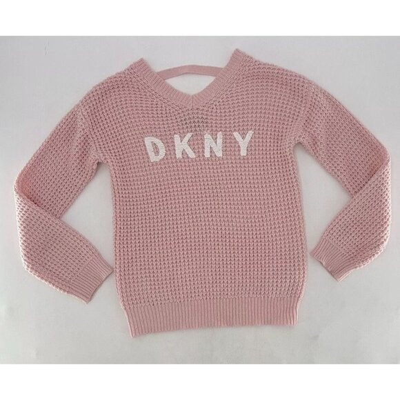 DKNY Girl’s Flip Sequin Spell Out Pink Knit V-Neck Sweater Size XL Preppy - Picture 1 of 13